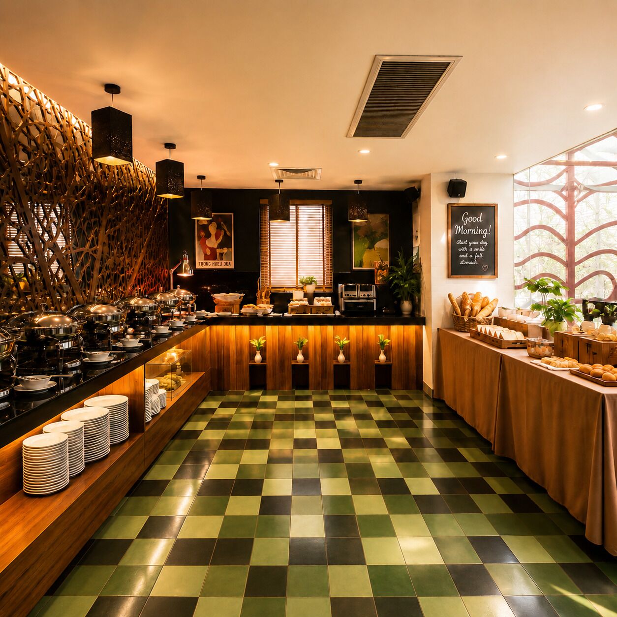 Un buffet disposé sur un sol à carreaux, avec un comptoir où sont présentés les plats et un mur orné d’une affiche.