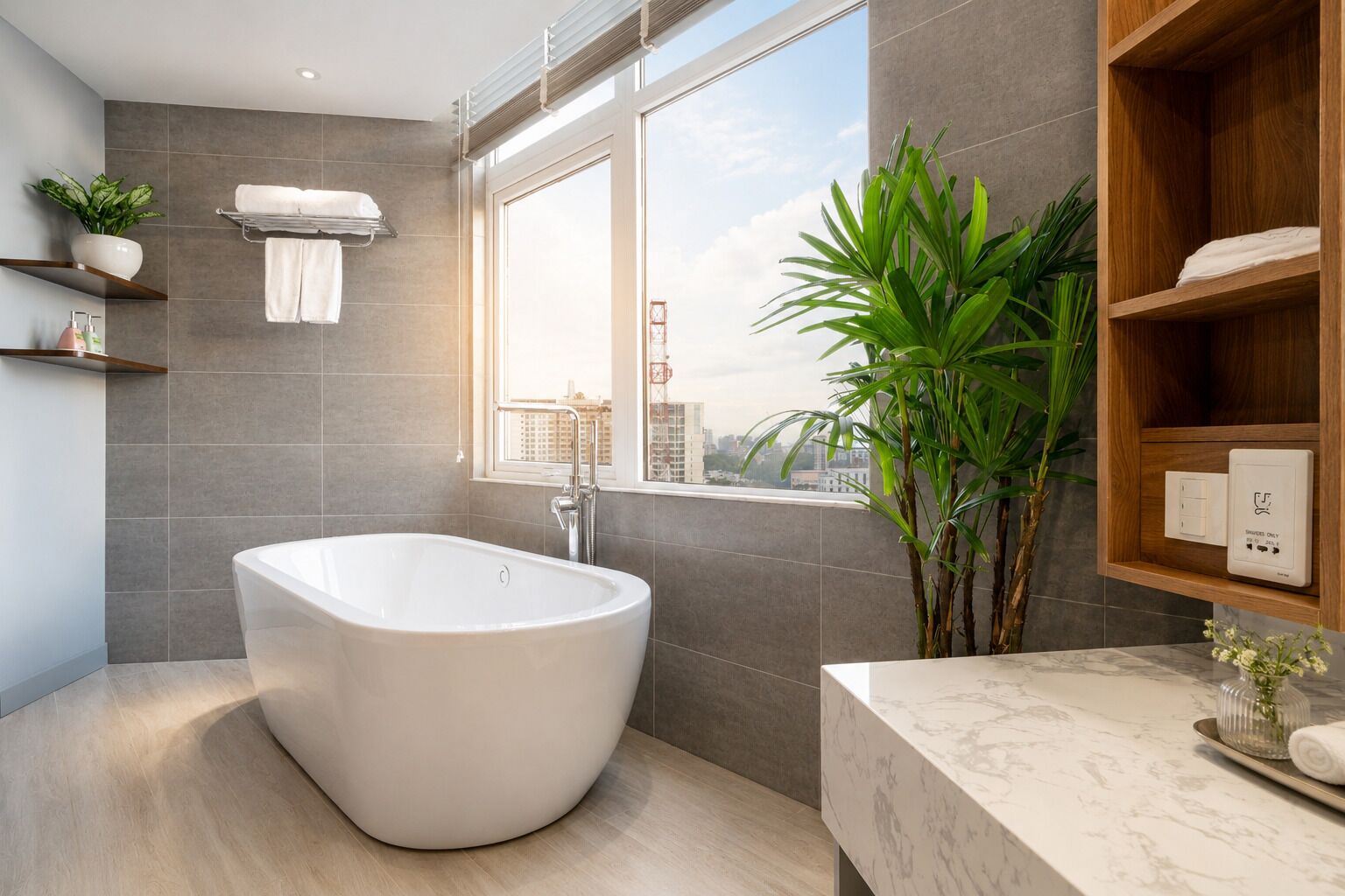 A modern bathroom with a freestanding bathtub, a large window with a view of buildings, and a wooden shelf with a plant.