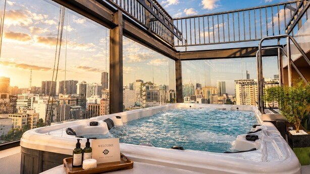 A rooftop hot tub with a city view, a 'WELCOME ENJOY YOUR STAY' sign, and a tray with bottles and a candle. - G8 Center Hotel Saigon (Ho Chi Minh City)