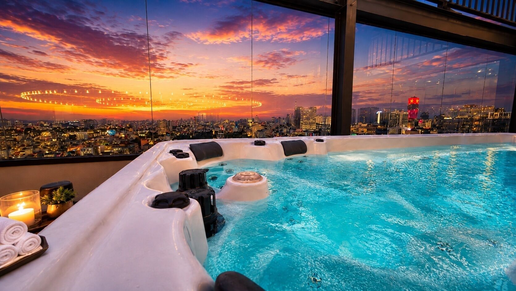 A hot tub with a cityscape view at sunset.