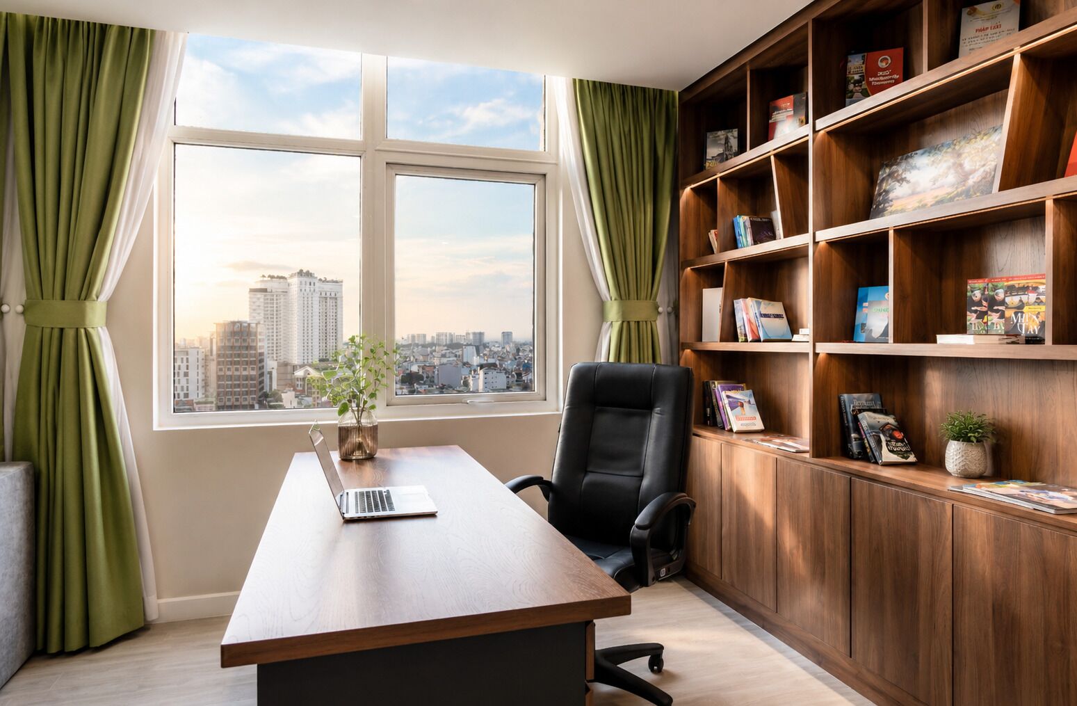 Un bureau moderne équipé d’un bureau, d’une chaise, d’une bibliothèque et offrant une vue sur la ville grâce à de grandes fenêtres.