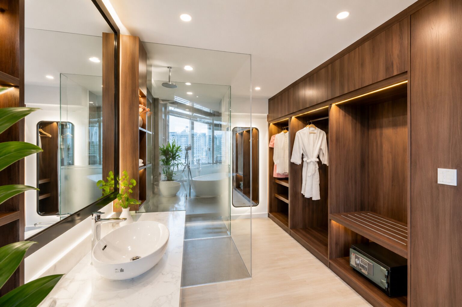 Un baño moderno con un espejo grande, un lavabo, una bañera y un vestidor con puertas de madera.