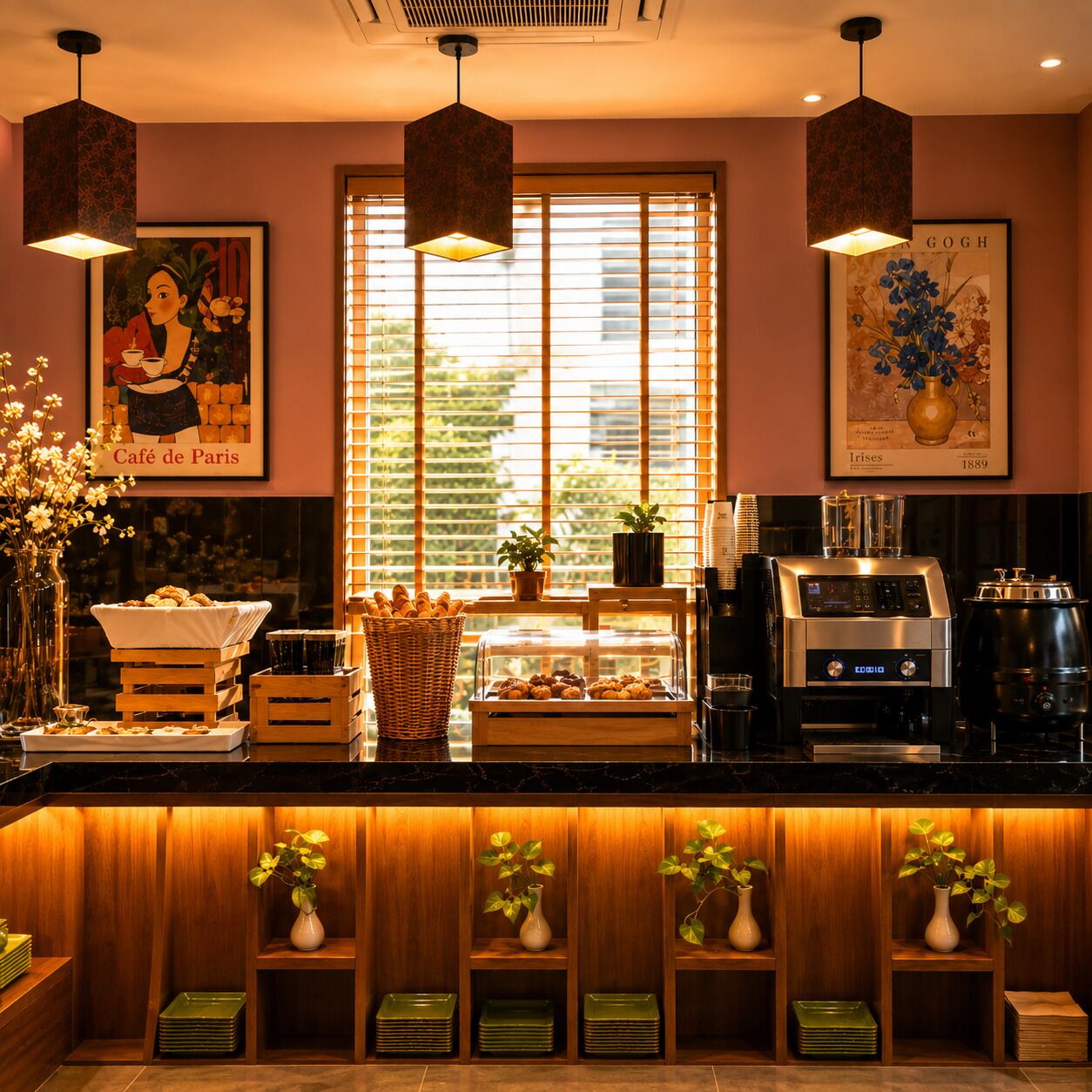 A café with a wooden counter, a coffee machine, and a window with blinds.