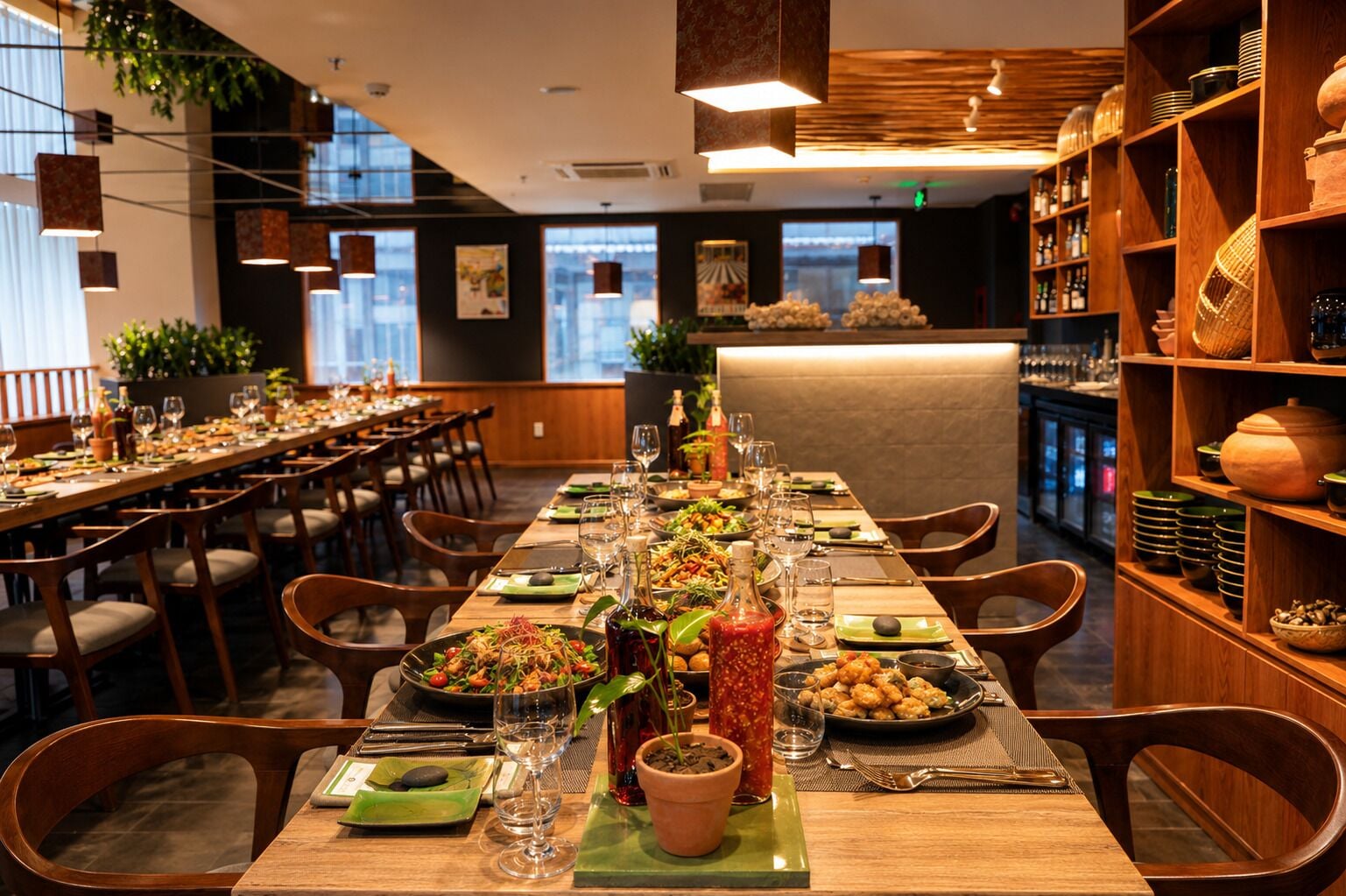 A restaurant with long communal tables, wooden chairs, and shelves with kitchenware.