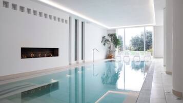 Une piscine intérieure moderne dotée d’une cheminée intégrée, de grandes fenêtres et offrant une vue sur l’extérieur.