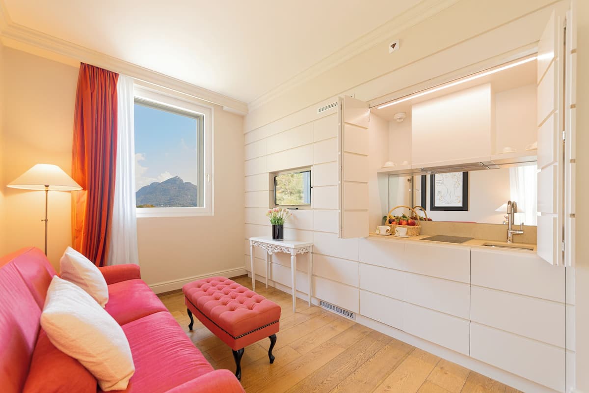 junior suite, 1 bedroom, kitchenette (with spa access) | living area | 40-inch flat-screen tv with satellite channels, tv