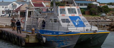 Una embarcación amarrada en el muelle, con barandilla metálica y un flotador.