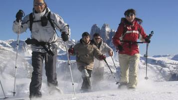Un grupo de personas esquiando en una montaña nevada bajo cielos despejados.