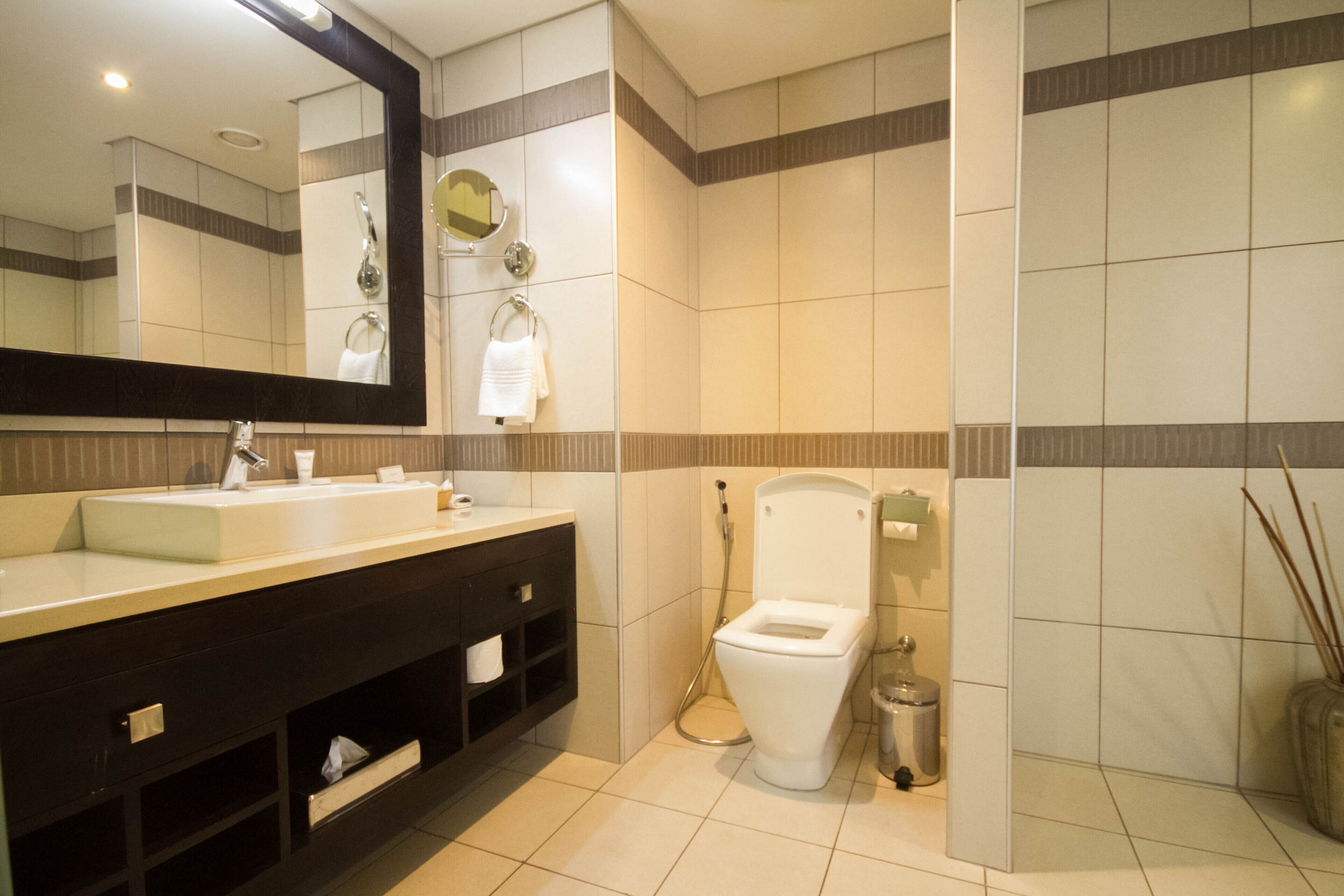 Un baño moderno con un espejo grande, un lavamanos blanco, un inodoro y un cubo de basura.