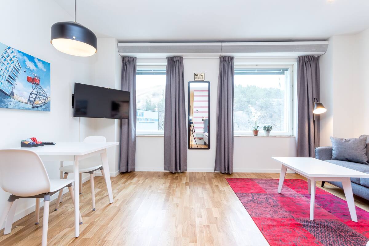 A modern living room with a white TV, grey curtains, a red rug, and a grey sofa.