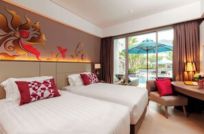Deluxe Room, 2 Single Beds, Pool Access | Free minibar items, in-room safe, desk, laptop workspace
