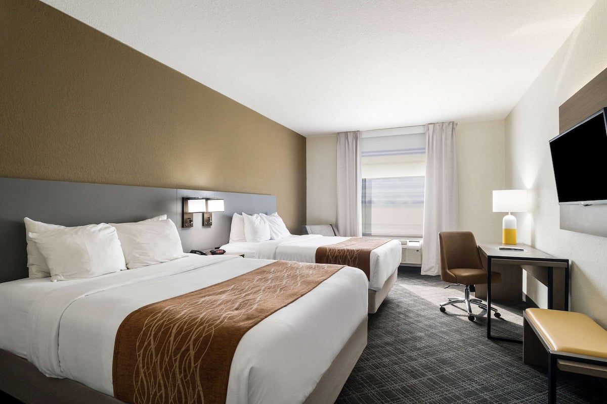 premium bedding, pillow-top beds, desk, blackout curtains