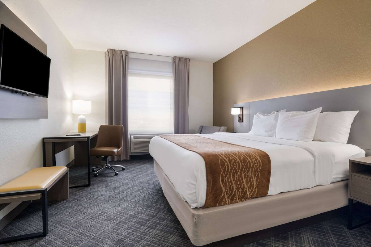 A hotel room with a bed, a desk, a chair, a TV, and a window with curtains.