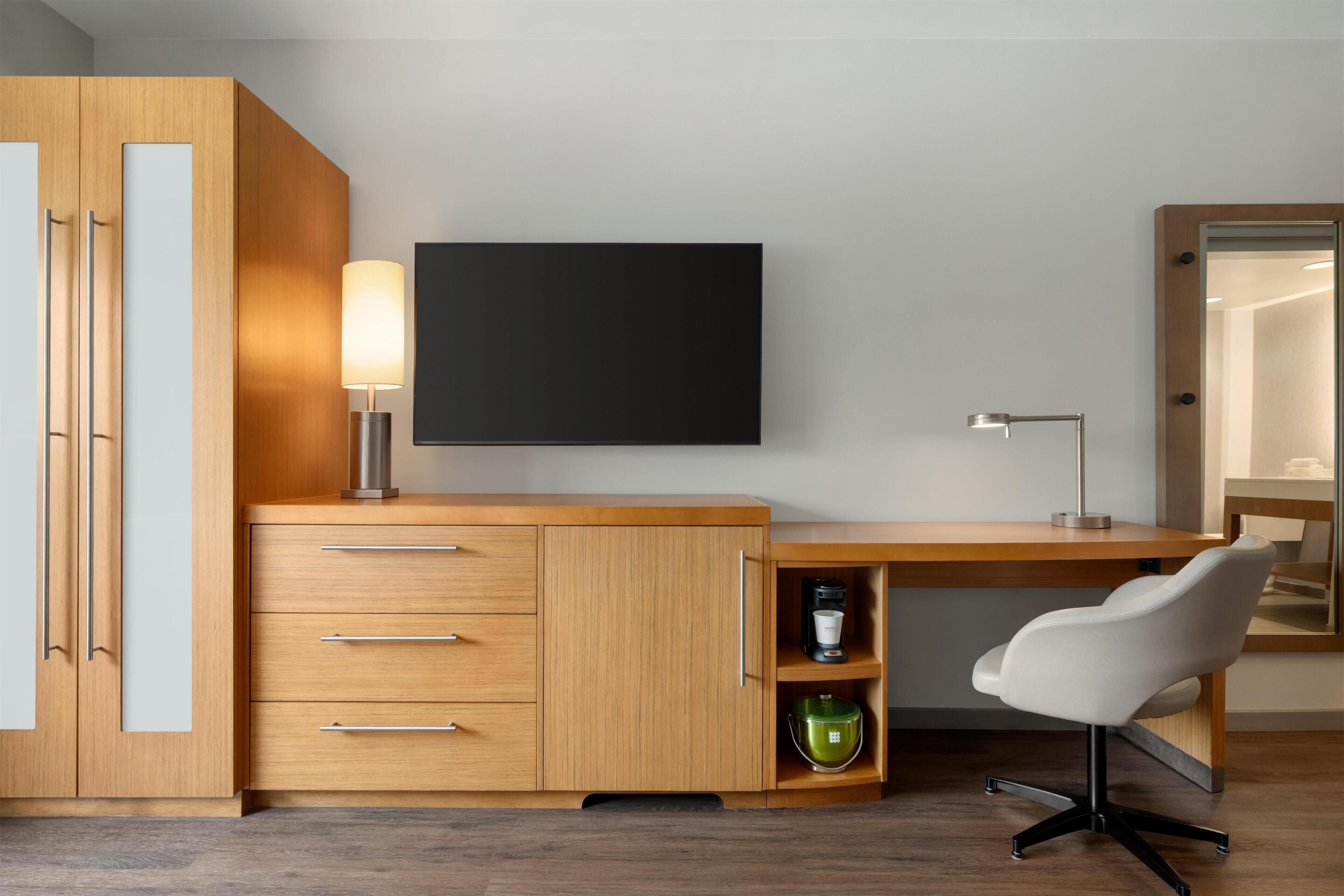 Premium bedding, desk, blackout drapes, iron/ironing board