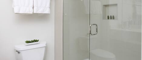 A bathroom with a toilet, a glass-enclosed shower, and a towel rack.