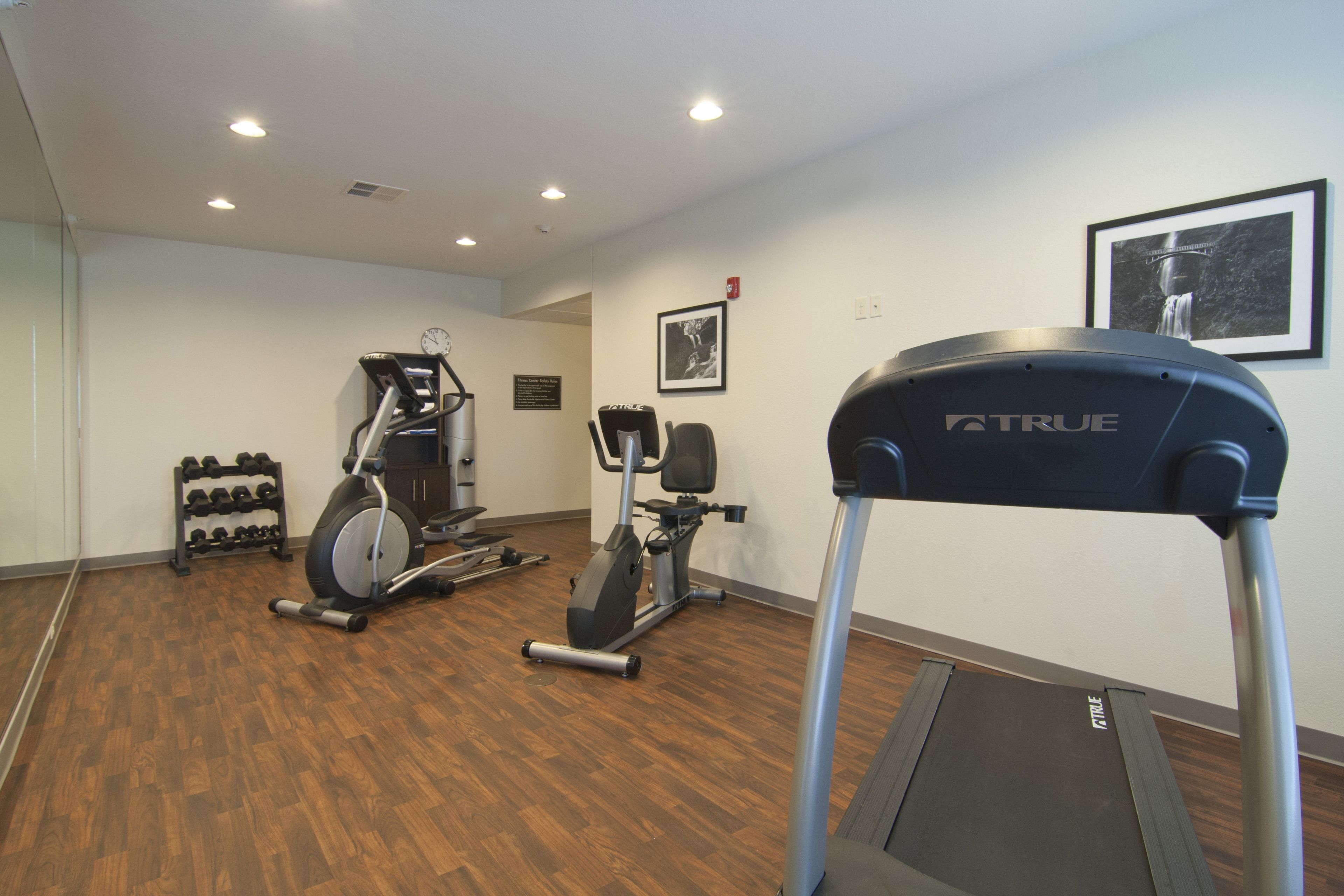 A gym with treadmills, an elliptical, and a rack of dumbbells.