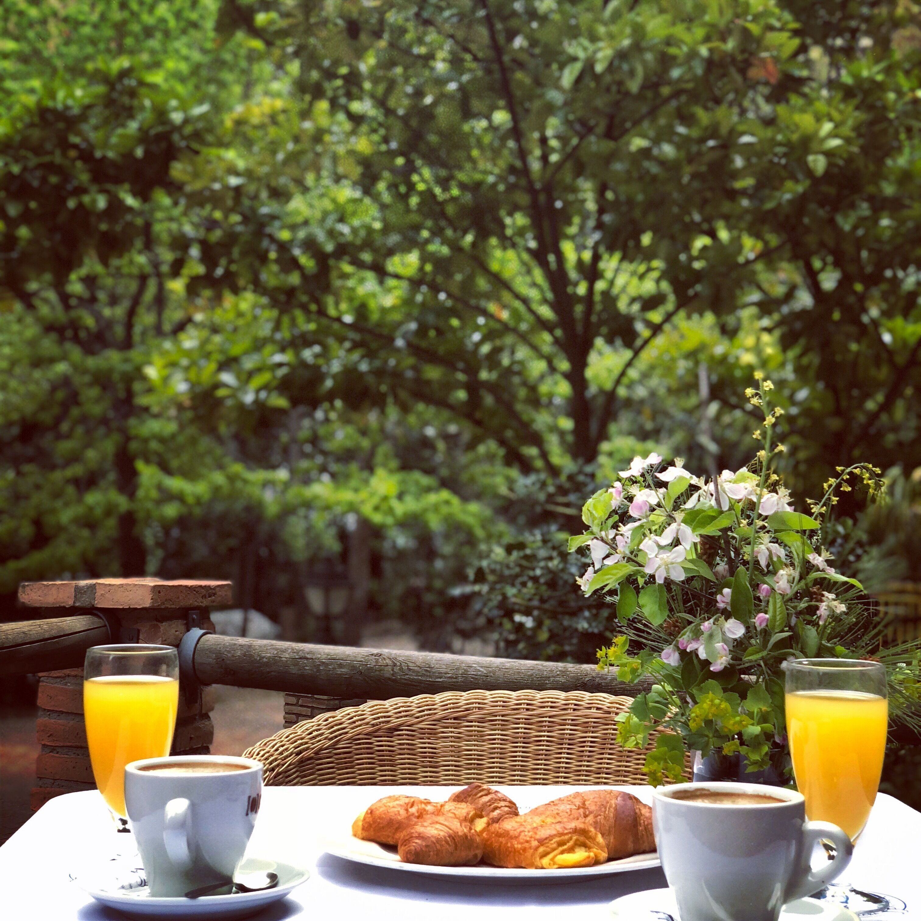 Una mesa de desayuno con cruasanes, café y jugo de naranja, colocada al aire libre con una silla y mesa de mimbre, rodeada de follaje.