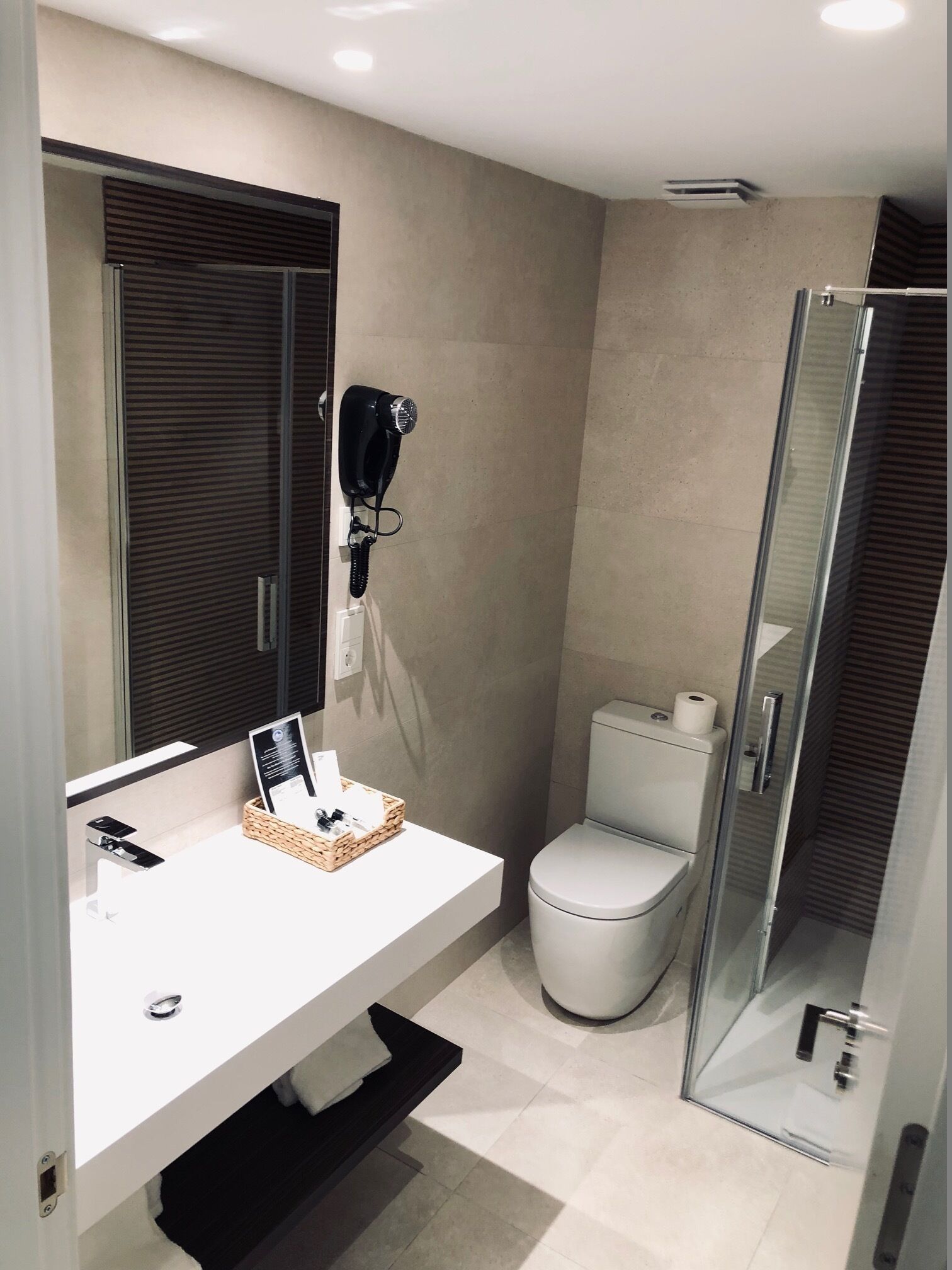 A modern bathroom with a white vanity, a hairdryer, a toilet, and a glass shower enclosure.