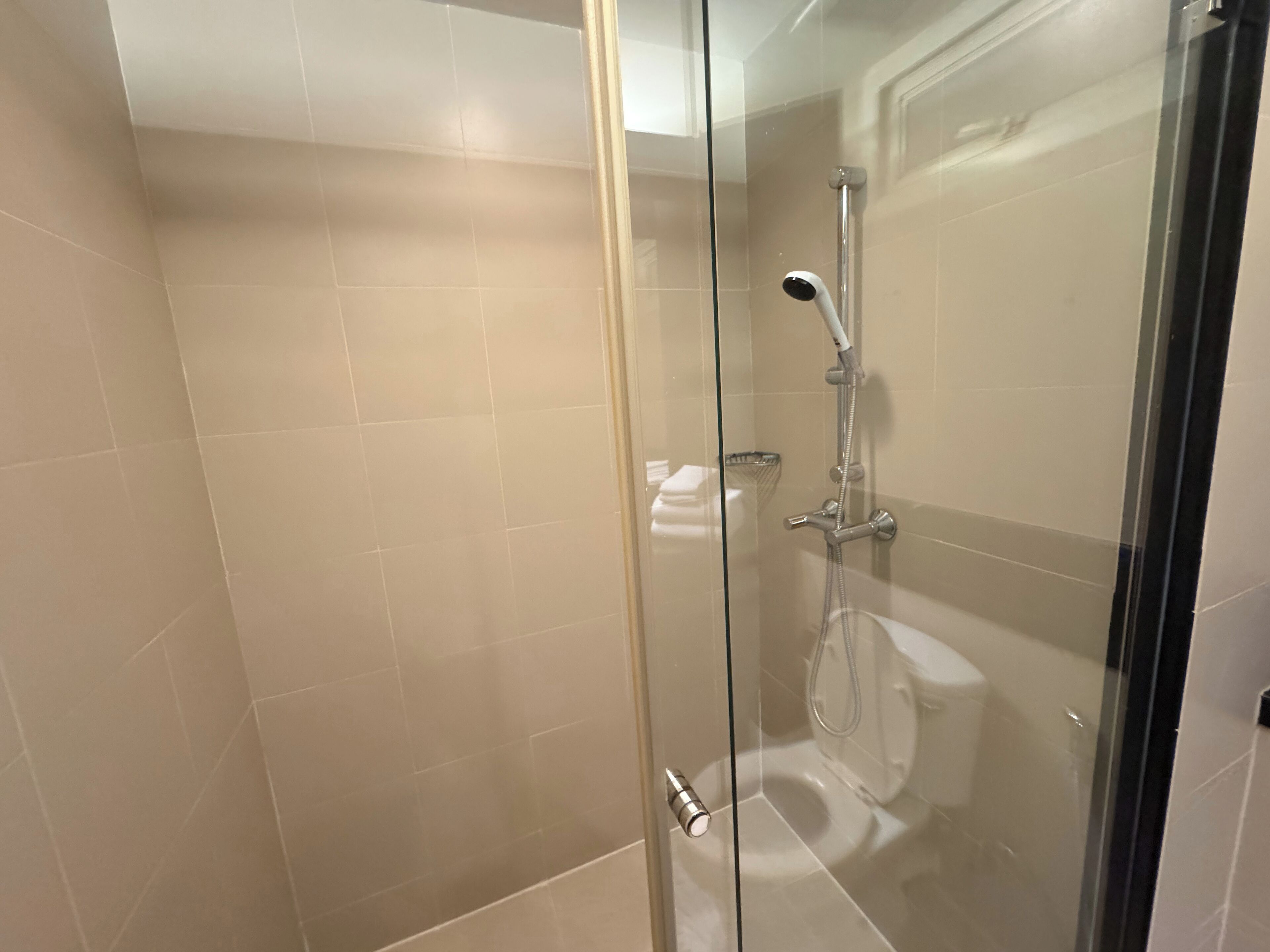 A glass-enclosed shower with a handheld showerhead and a wall-mounted faucet.