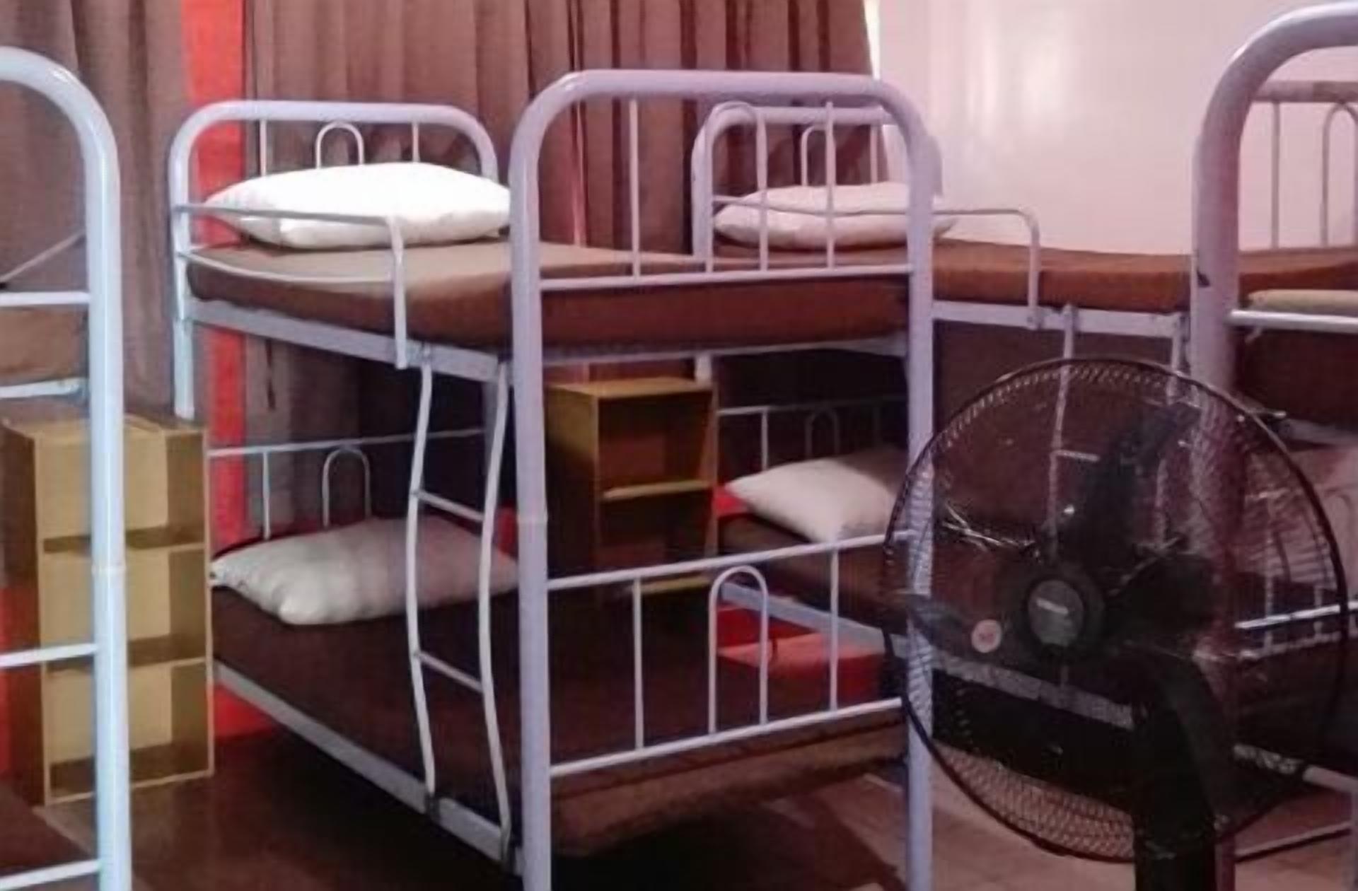 Bunk beds with white railings and a standing fan.