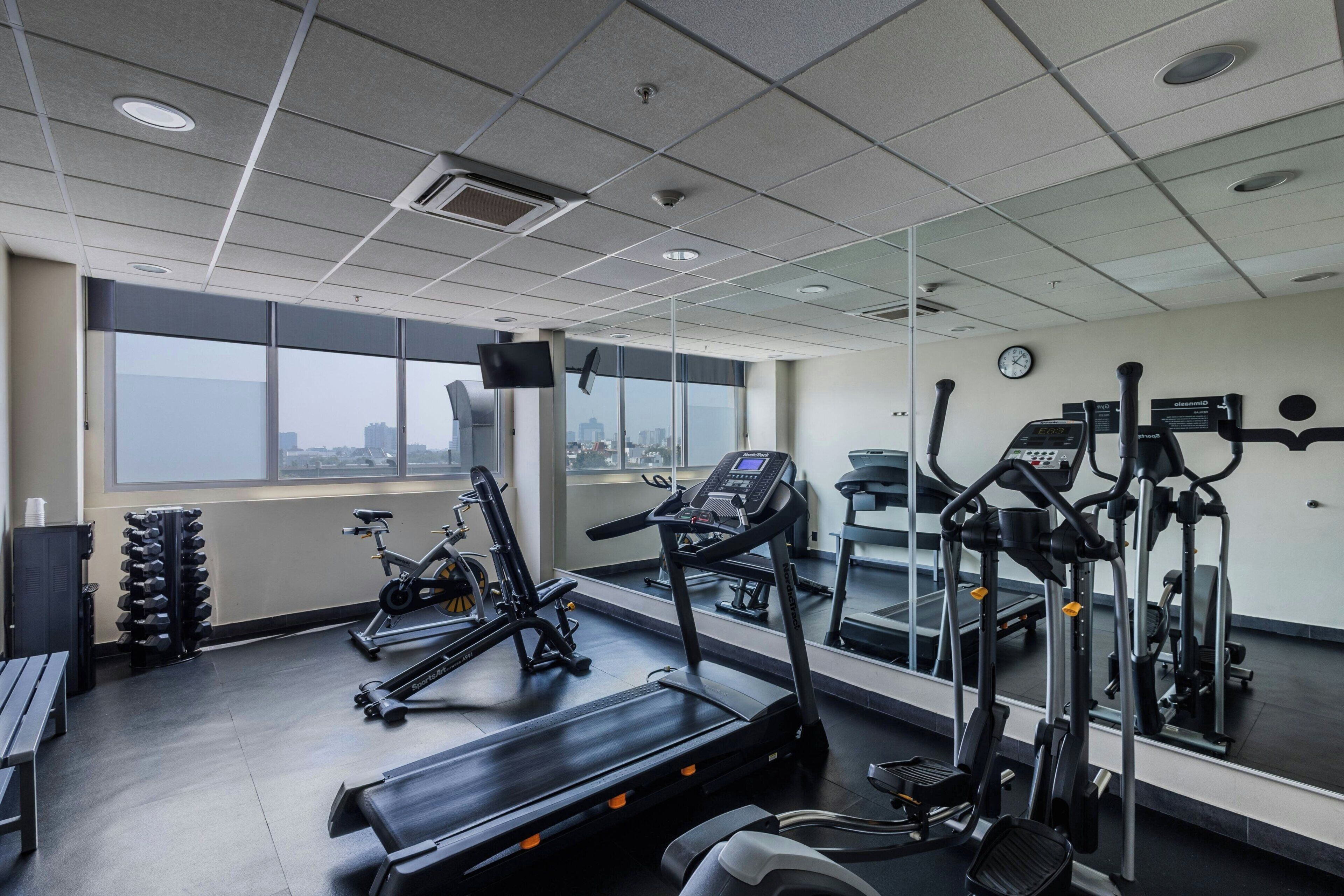 A gym with treadmills, elliptical machines, and weight benches.