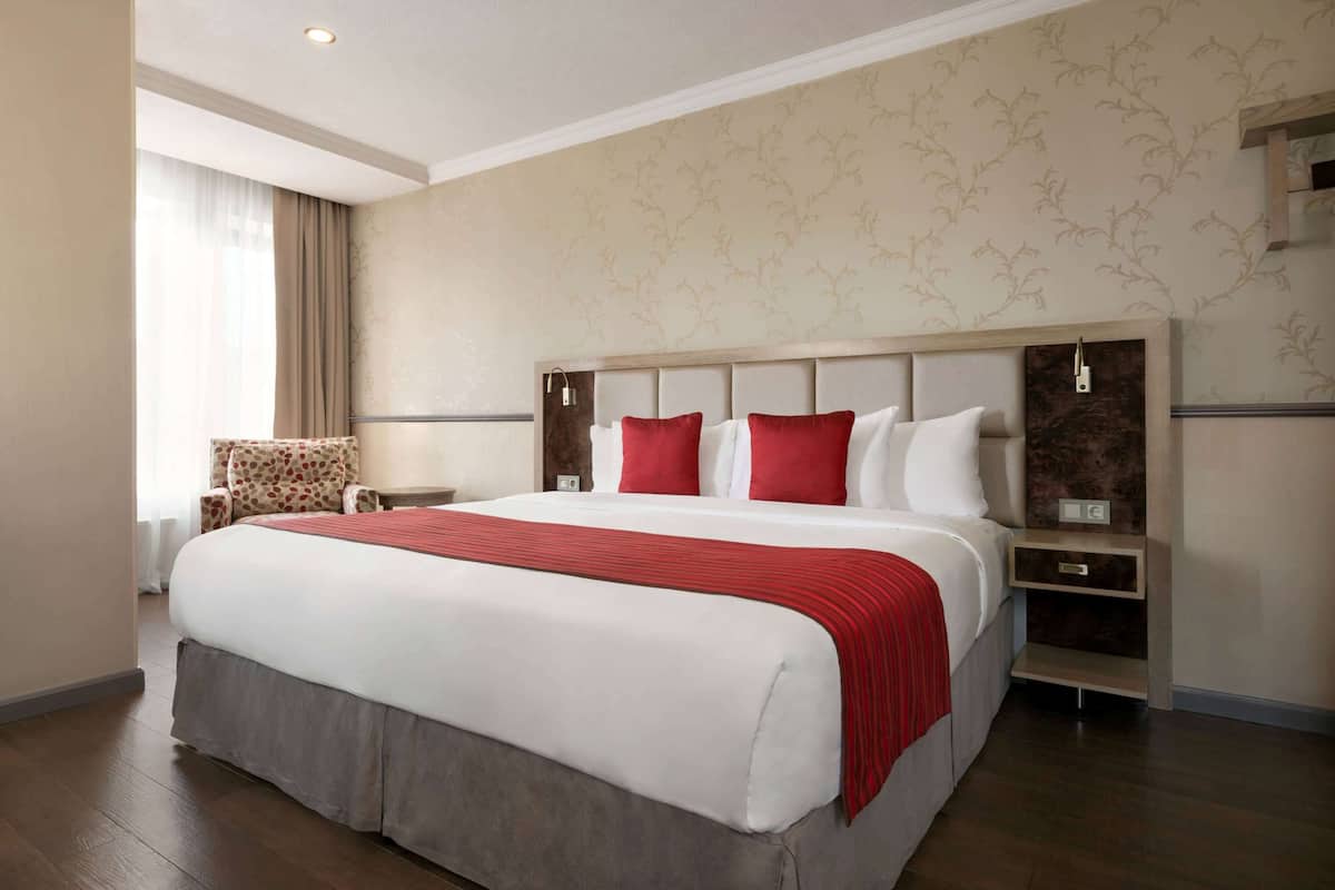Habitación de hotel con una cama grande, una mesita de noche, una silla y un estante en la pared.