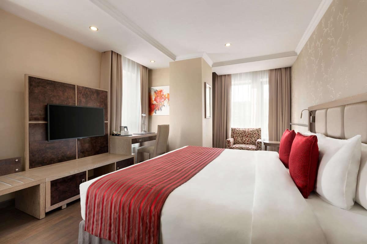 Habitación de hotel con una cama grande, televisión de pantalla plana, escritorio y una silla.