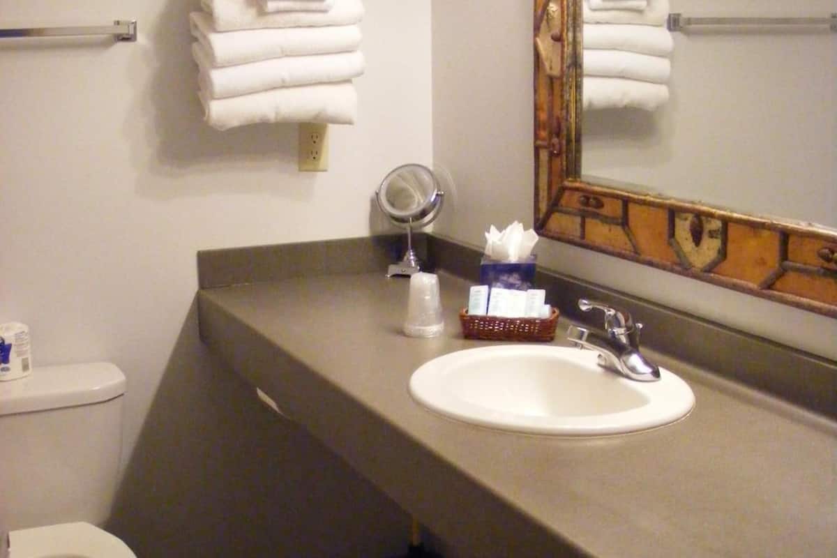 combined shower/bathtub, free toiletries, towels