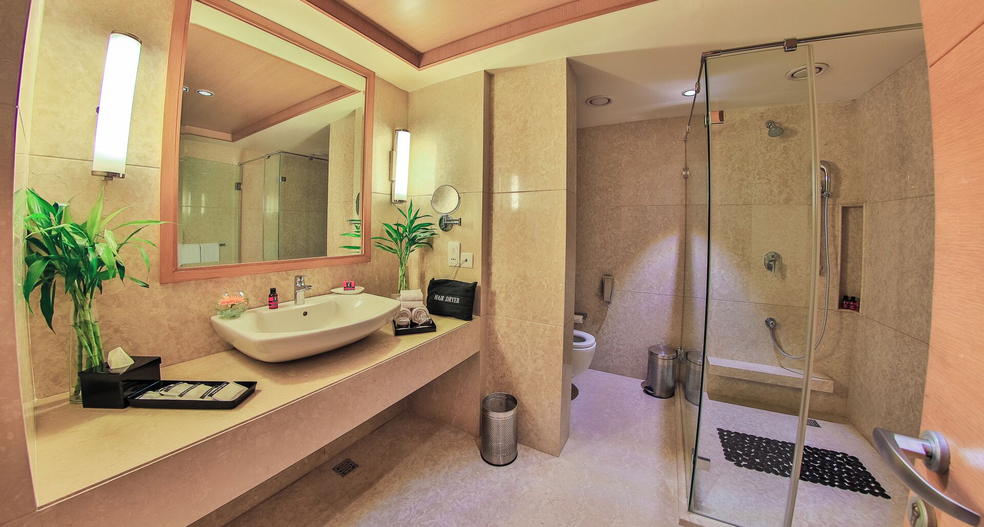 A modern bathroom with a large sink, mirror, and a walk-in shower.