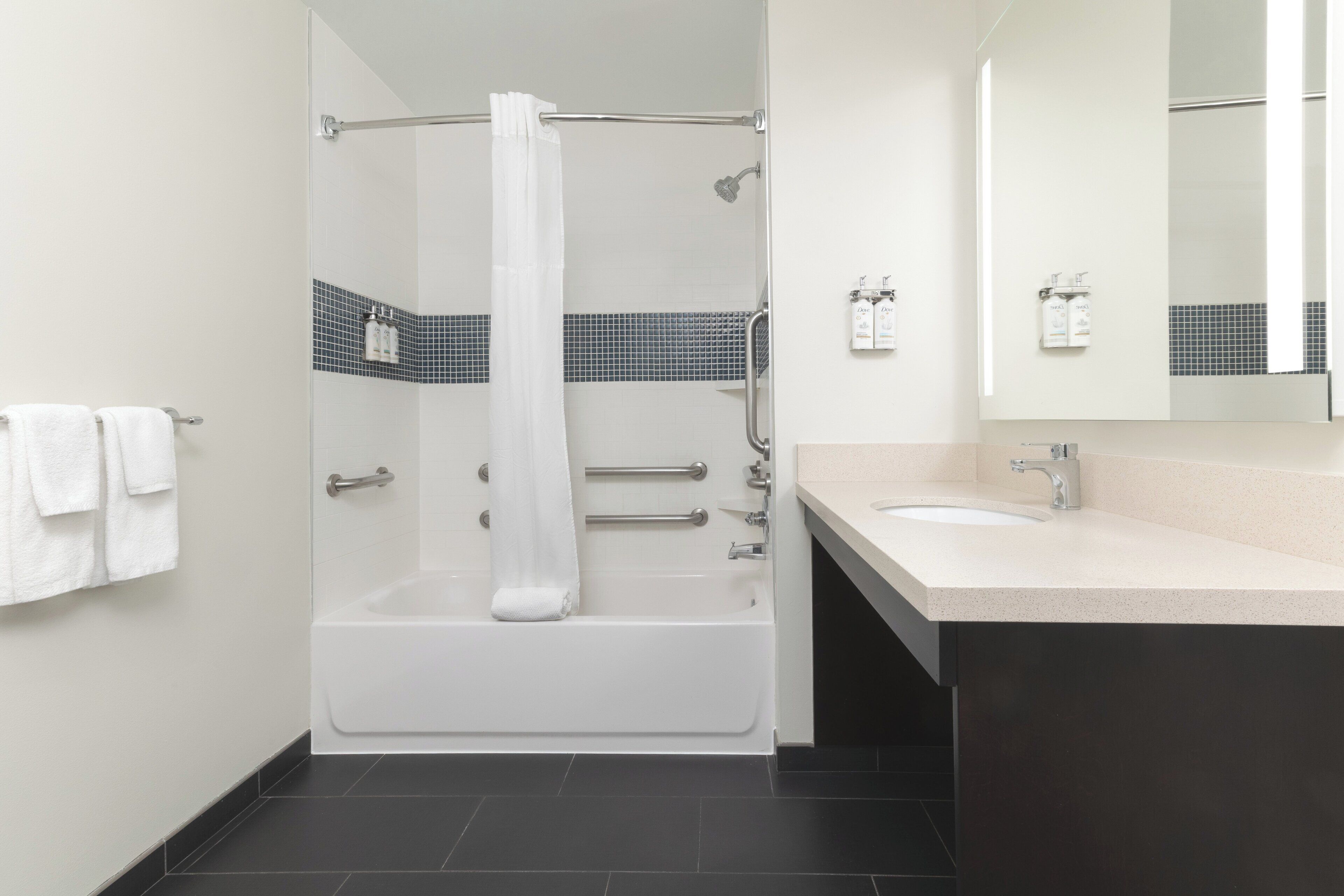 studio suite, 1 king bed, accessible, kitchen | bathroom | combined shower/bathtub, free toiletries, hair dryer, towels