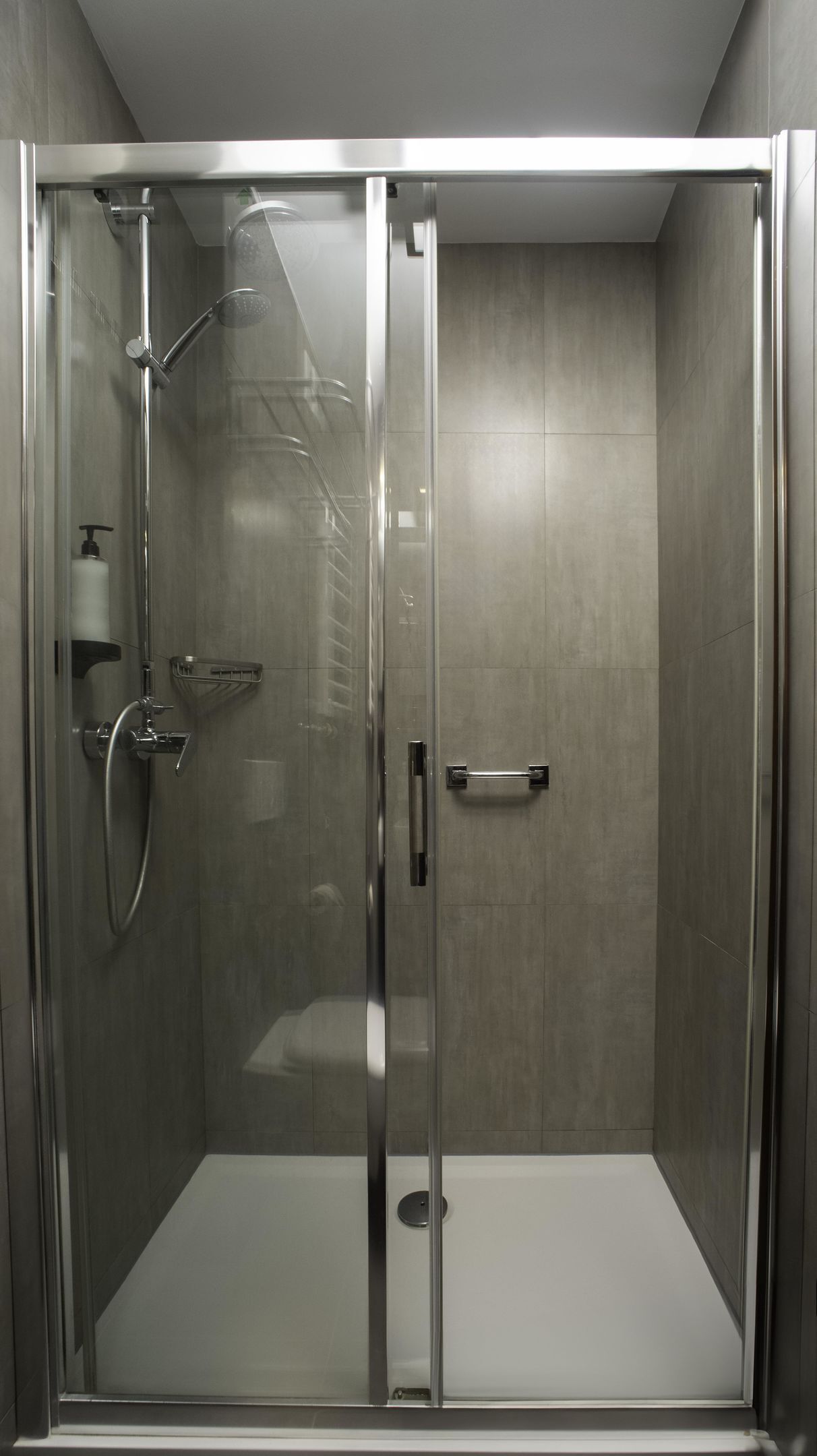 Une douche à l’italienne avec une porte en verre, un pommeau de douche à main et un distributeur de savon.
