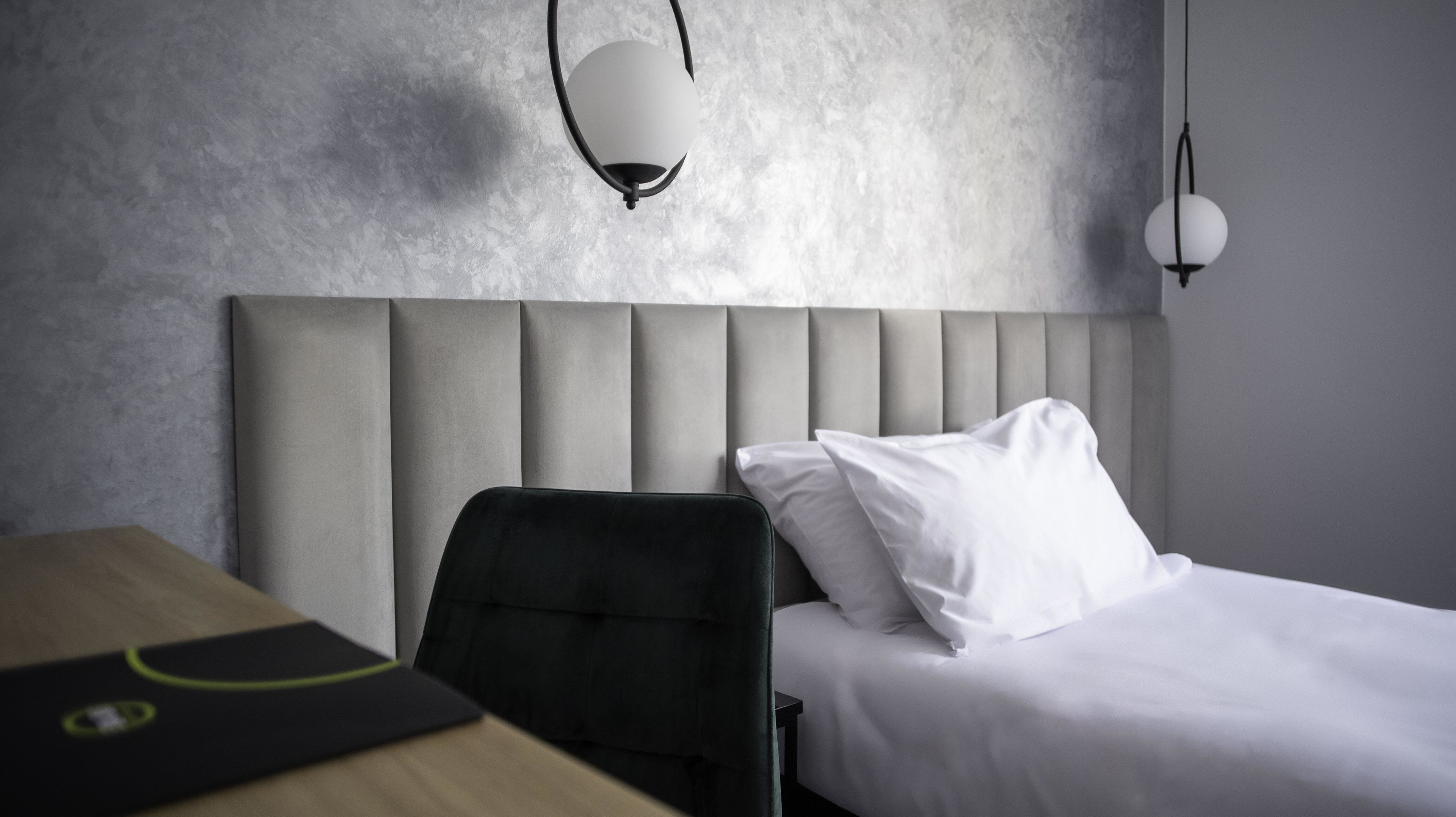 Hypo-allergenic bedding, desk, laptop workspace, iron/ironing board