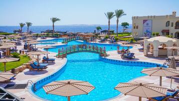 Outdoor pool, pool umbrellas, pool loungers