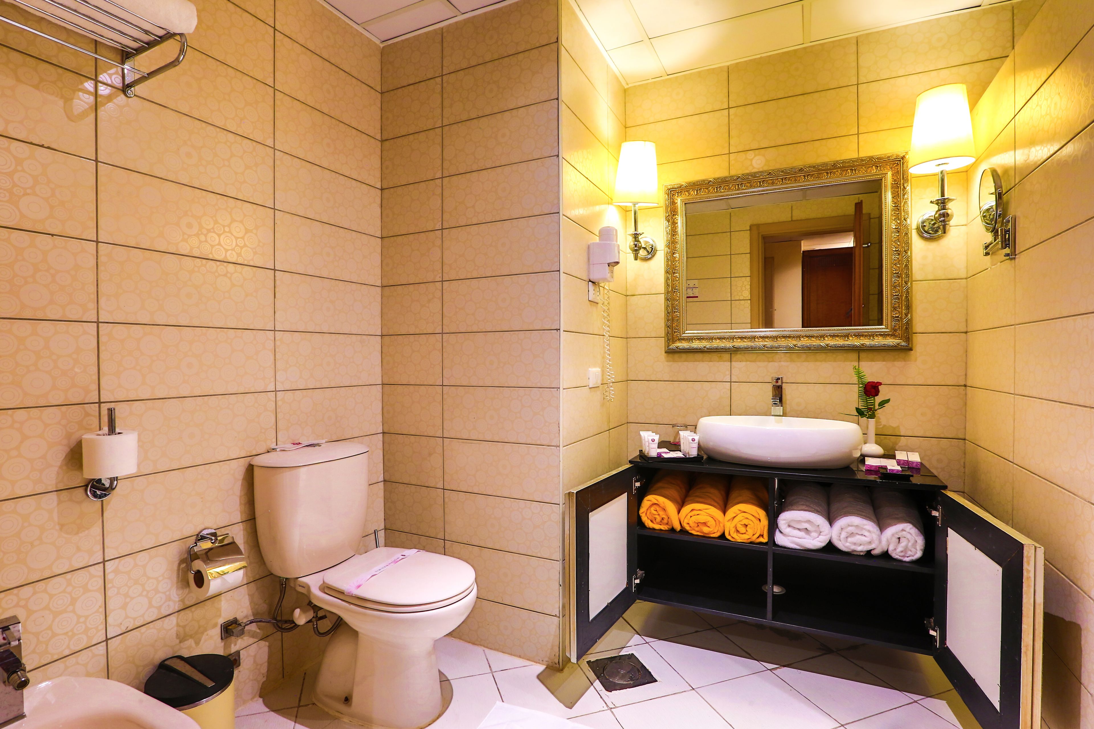 shower, free toiletries, hair dryer, towels