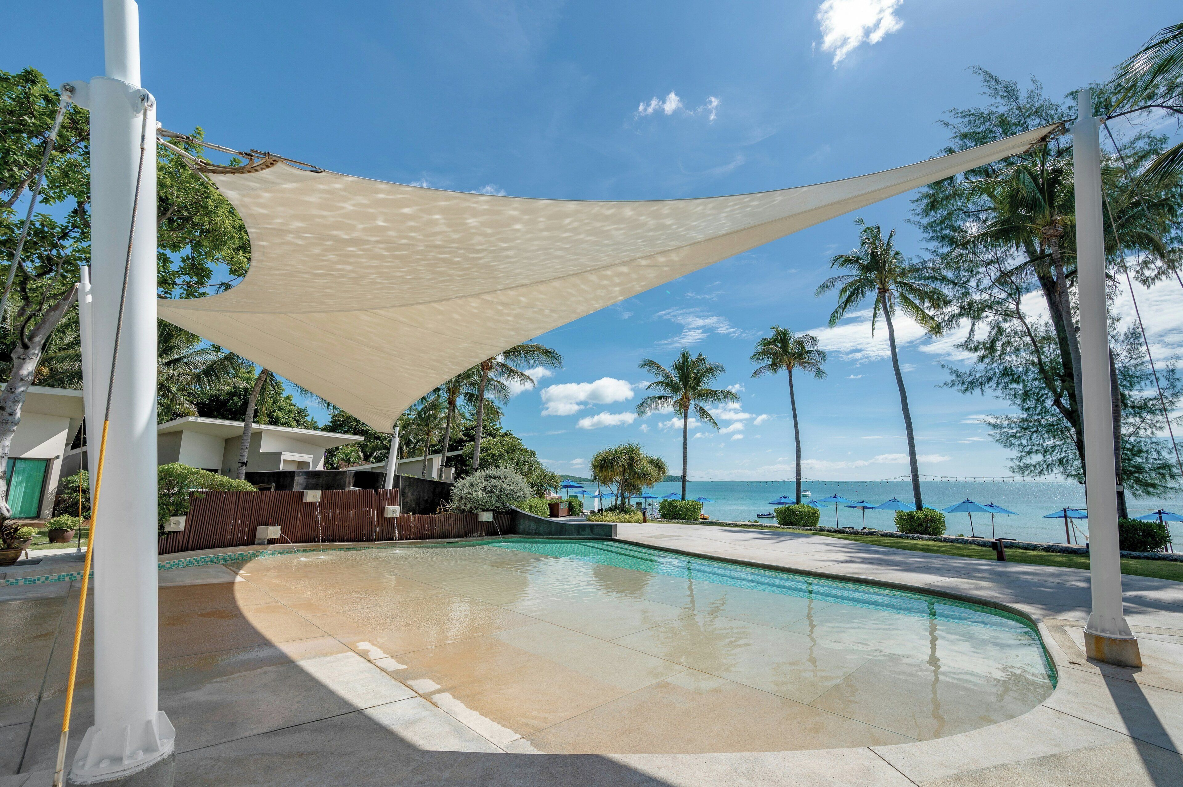 A swimming pool with a curved edge, surrounded by palm trees and a clear sky.