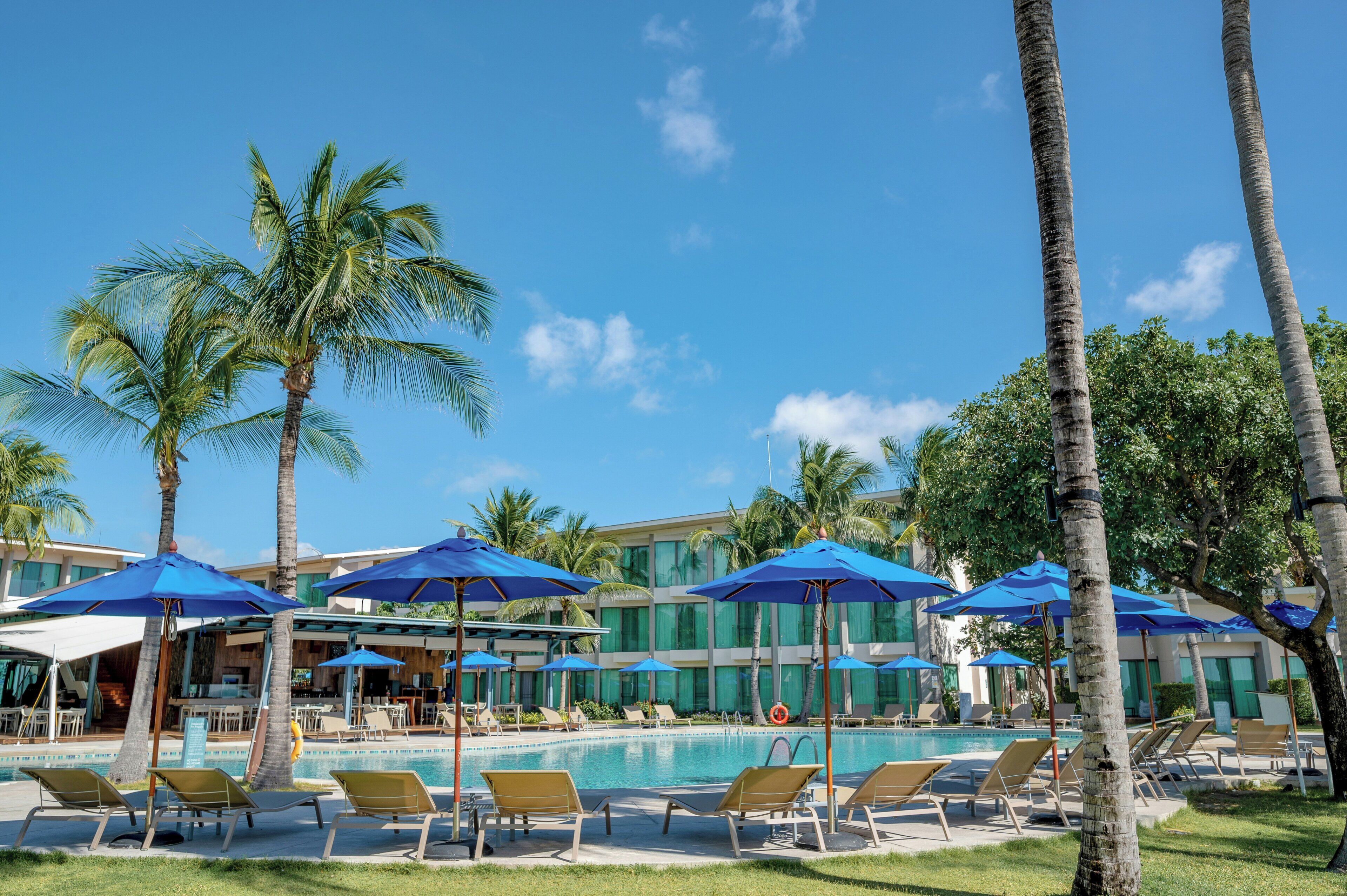 A pool area with lounge chairs and umbrellas, palm trees, and a building with large windows.
