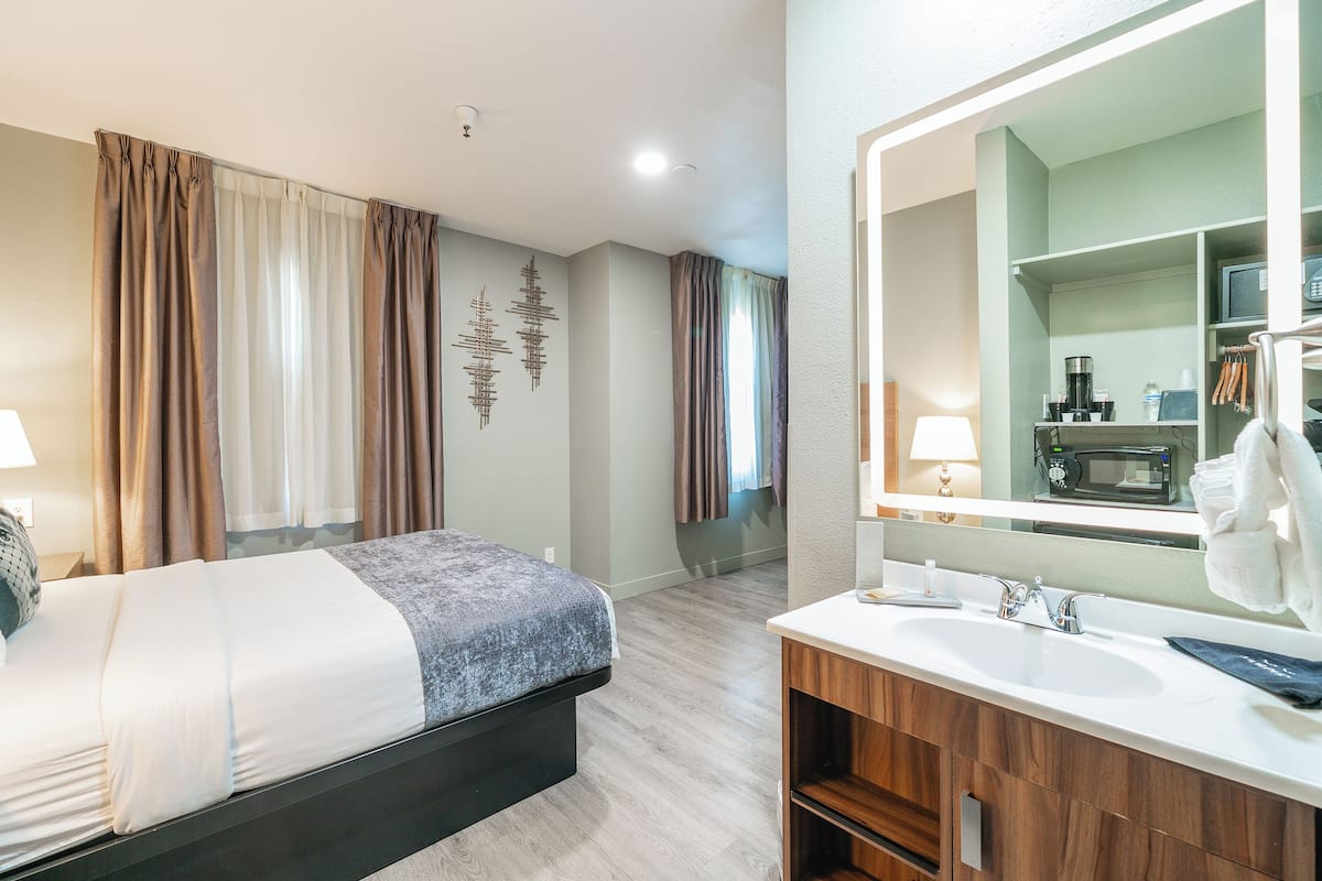 Une chambre d’hôtel moderne équipée d’un lit, d’un grand miroir, d’un lavabo et d’une armoire.