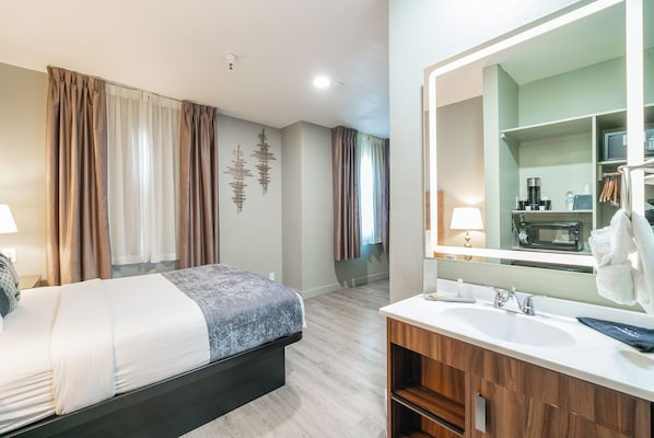 Una habitación de hotel moderna con una cama, un espejo grande, un lavamanos y un armario.