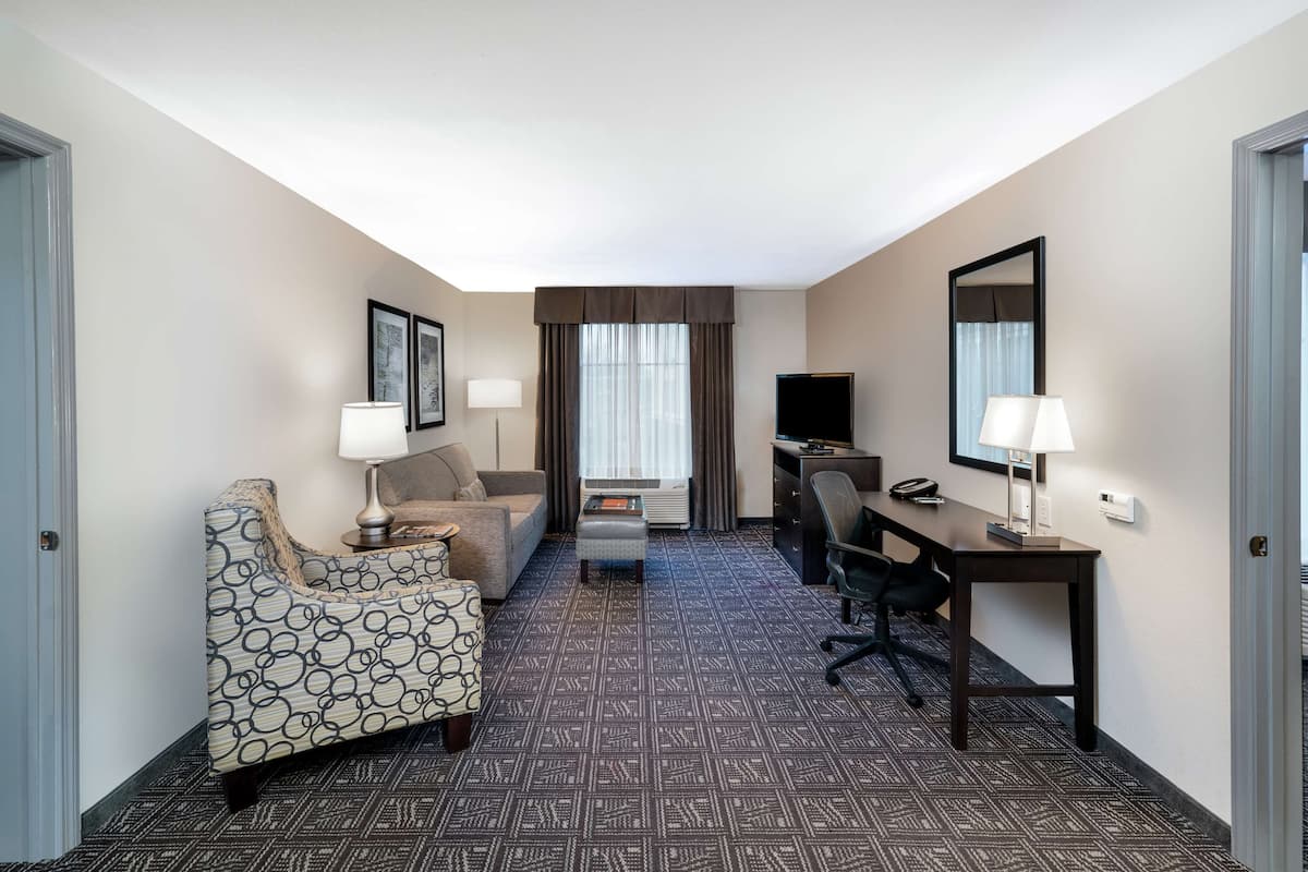 A hotel room with a sofa, a desk, a chair, a TV, and a window with curtains.