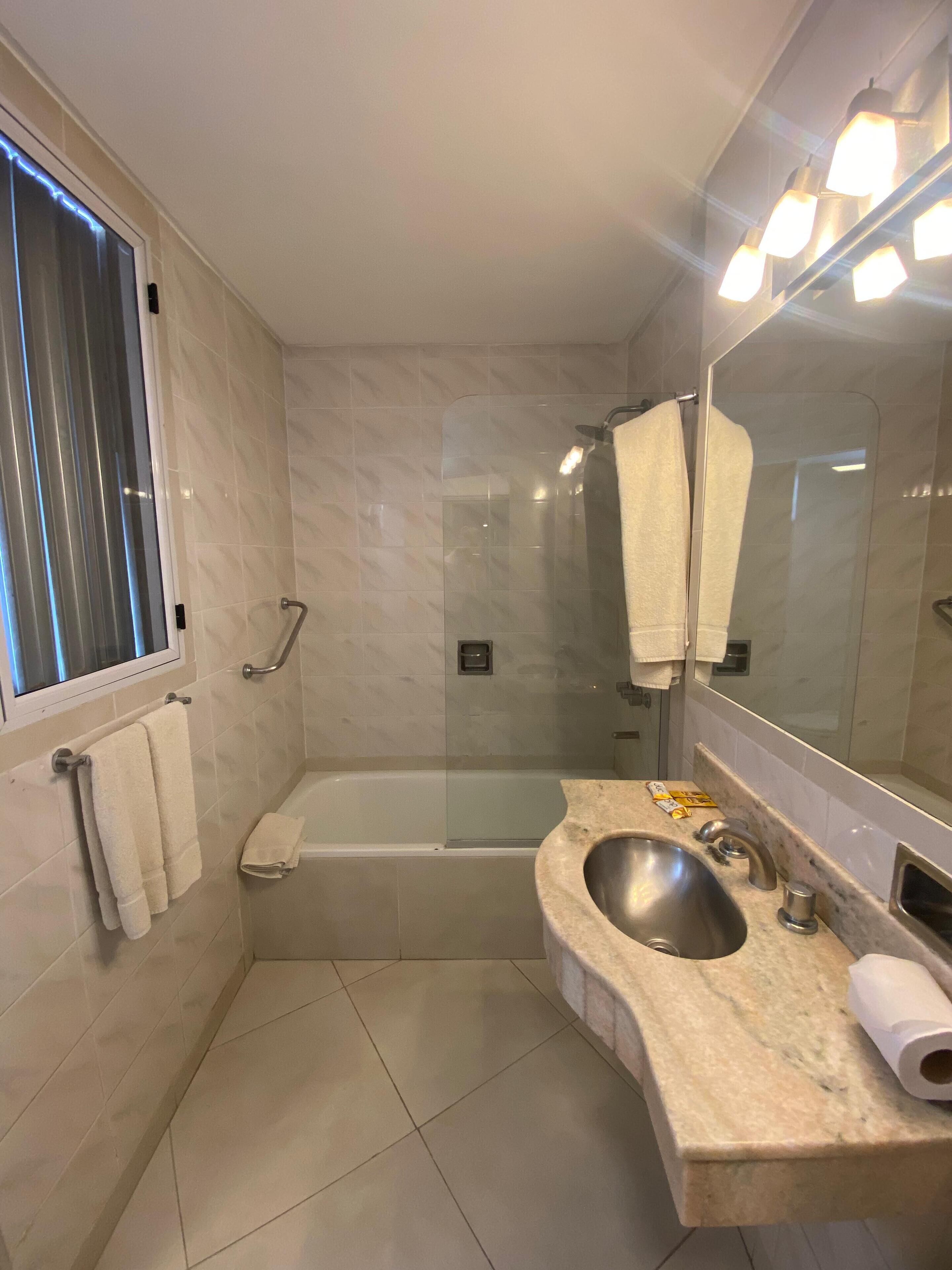 combined shower/bathtub, free toiletries, hair dryer, bidet