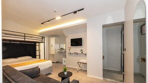 A modern hotel room with a bed, grey sofas, a small table with a plant, a TV on the wall, and a walk-in closet. - Istanbul Holiday Hotel (Istanbul)