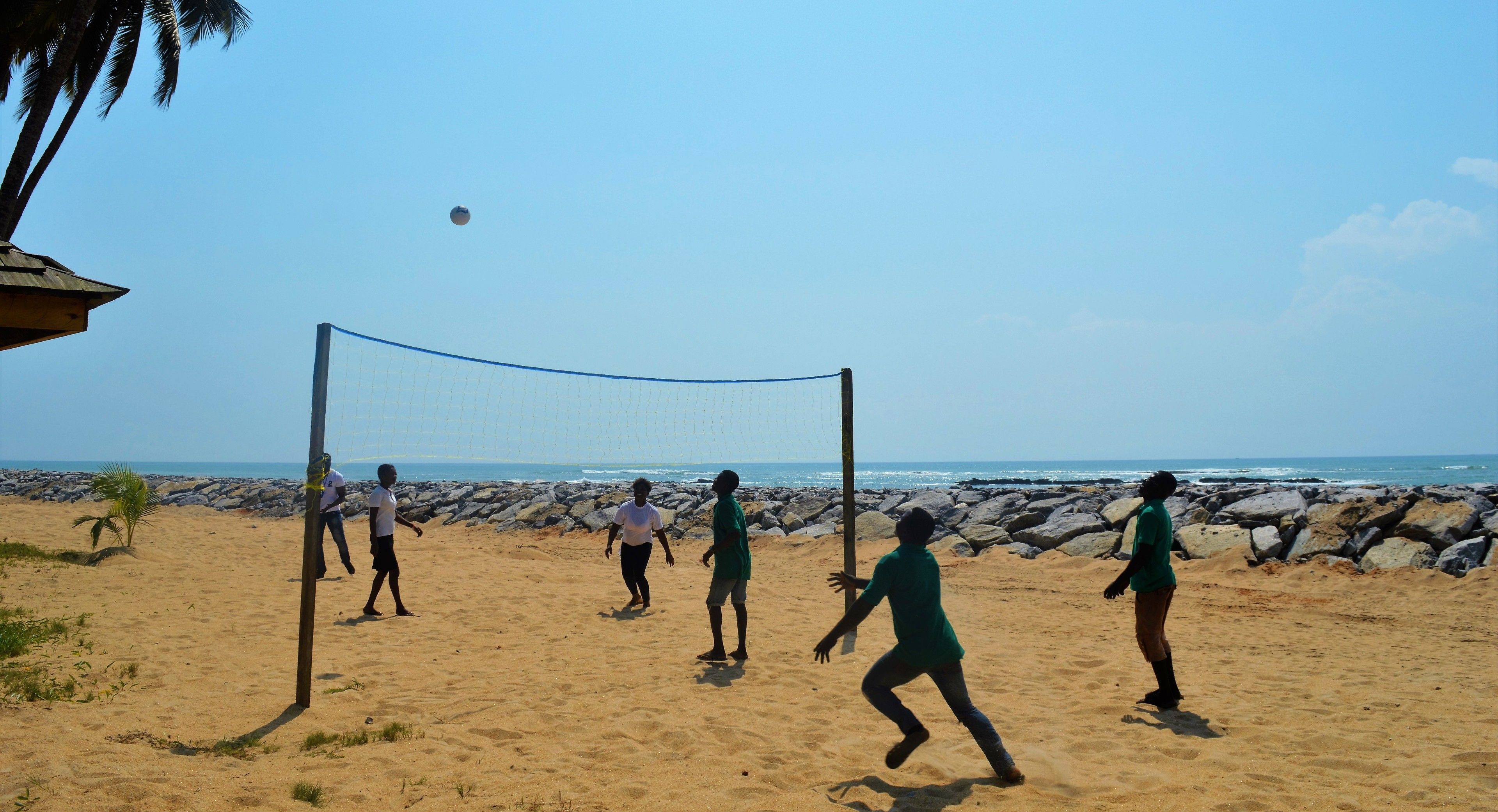 A beach volleyball game with players and a net, set against a backdrop of a rocky shoreline and palm trees.