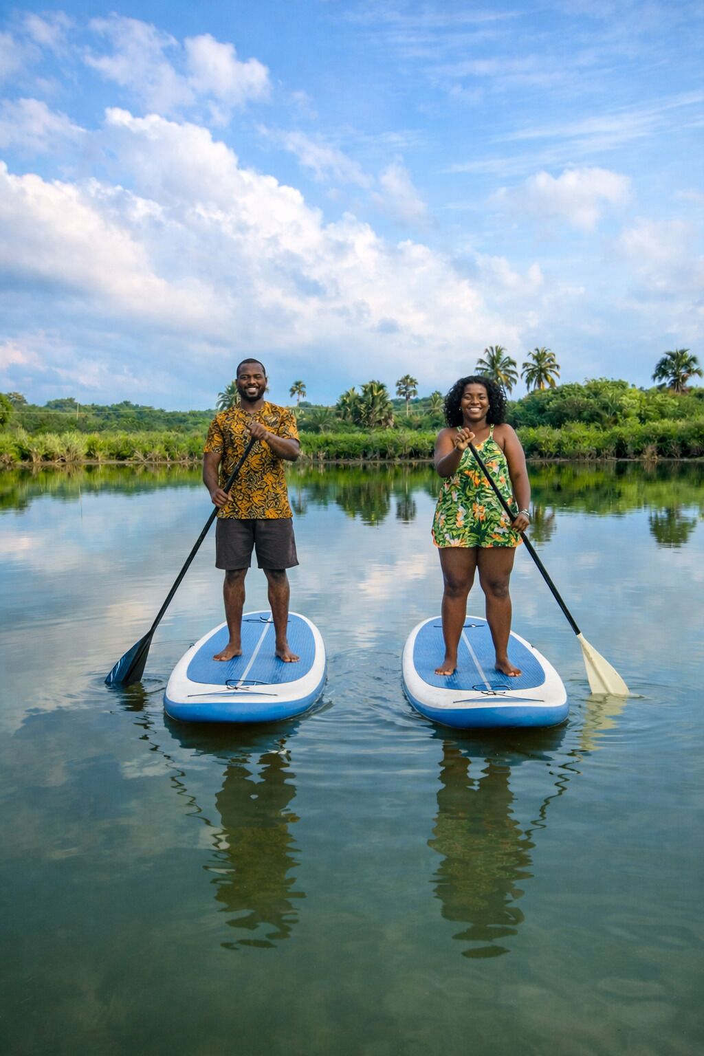 Dos personas haciendo paddleboard en aguas tranquilas, con un paisaje tropical al fondo.