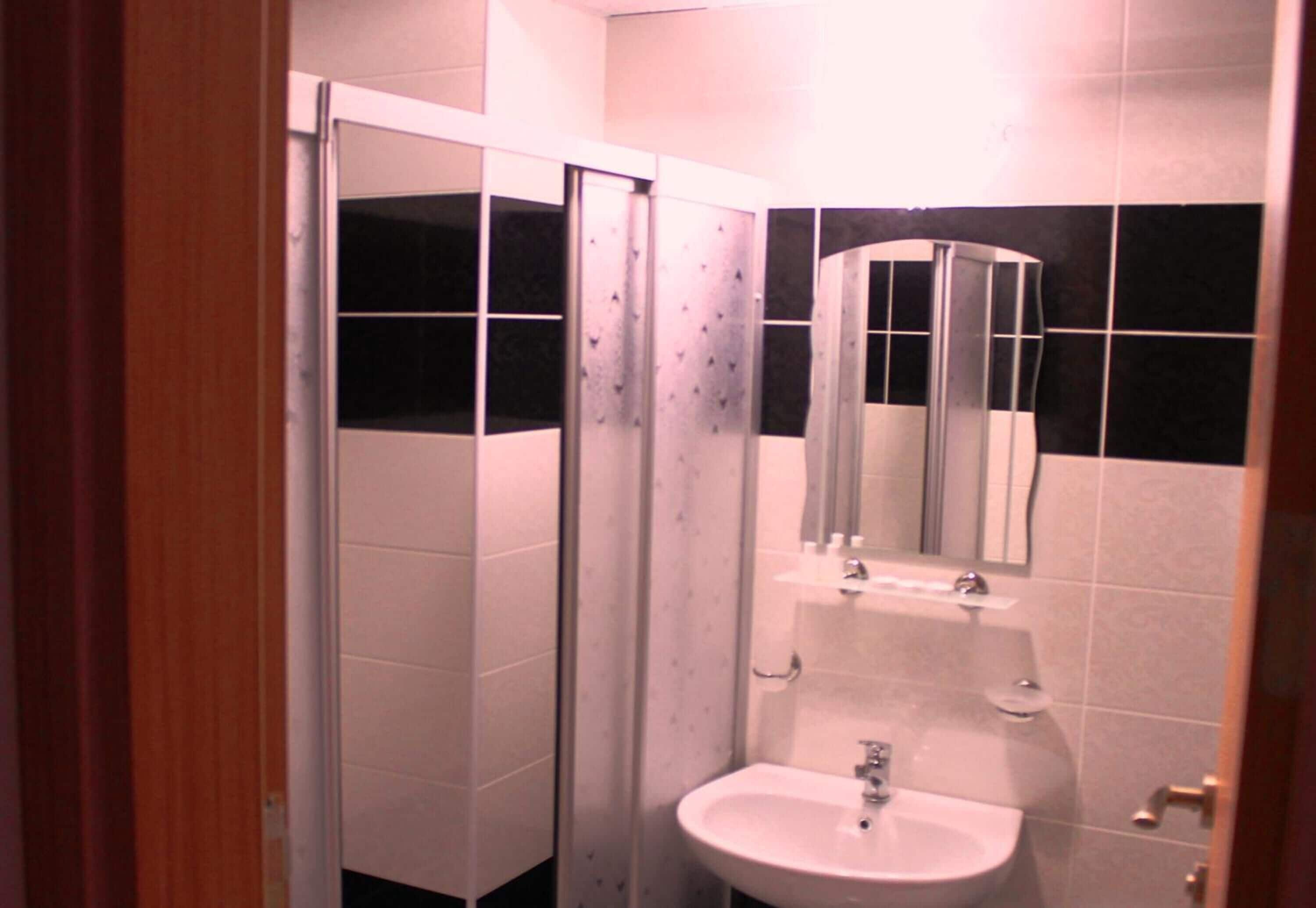 Shower, hair dryer, slippers, towels