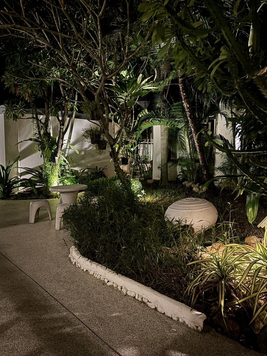 Un jardín nocturno con un sendero de concreto, bancos de piedra y exuberante vegetación tropical.