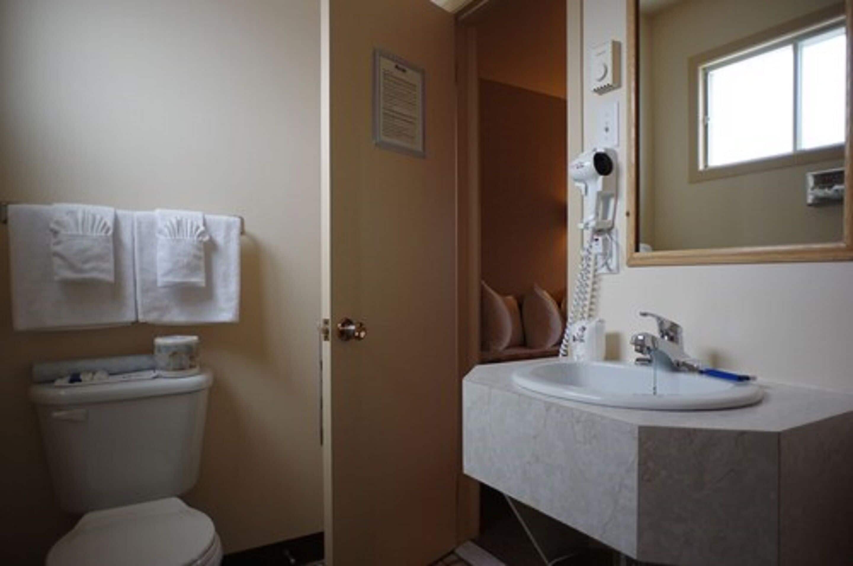 Een badkamer met toilet, wastafel en spiegel. Handdoeken hangen aan de muur en boven de wastafel is een raam.