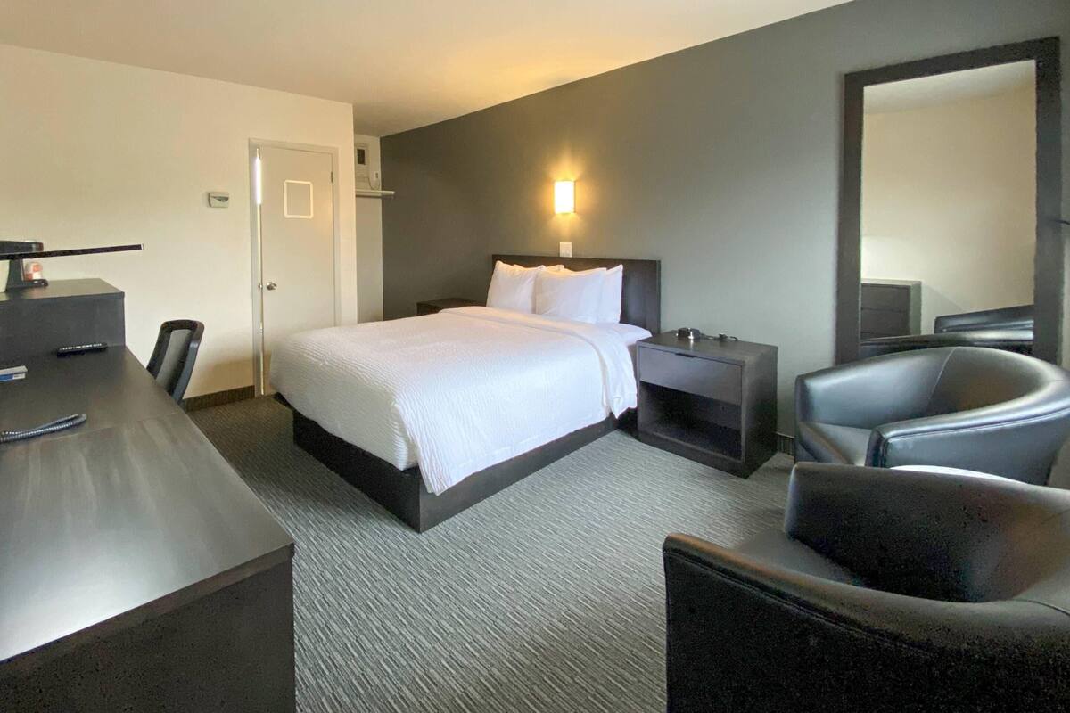 A hotel room with a bed, bedside table, chair, desk, and a large mirror.