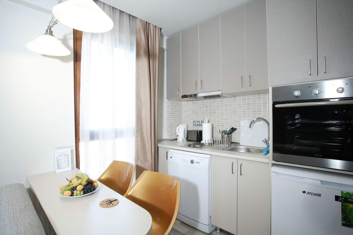 Full-size fridge, microwave, stovetop, dishwasher