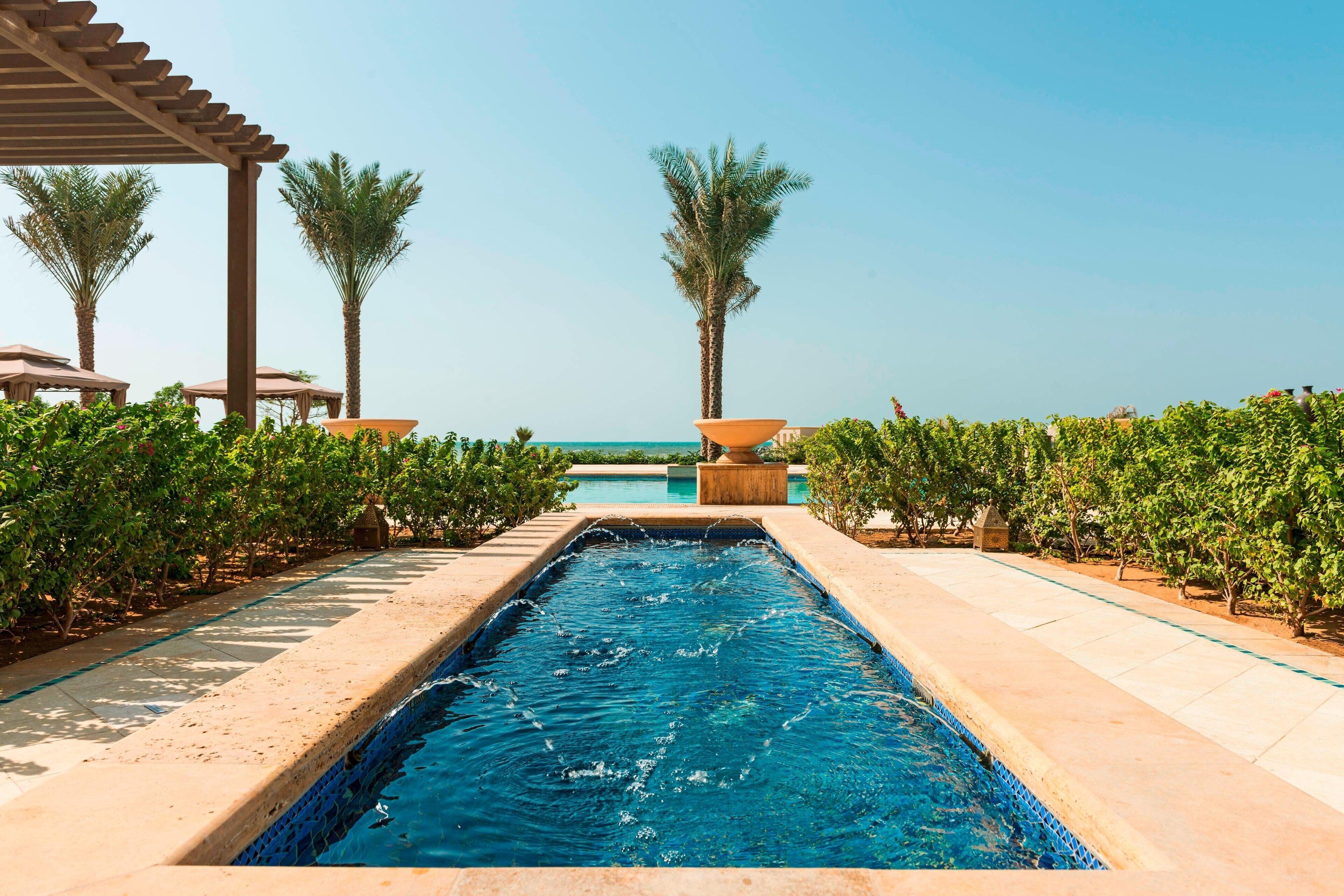 A swimming pool with a clear view of the sea, surrounded by palm trees and a pergola.