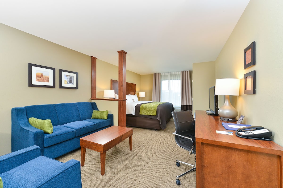 A hotel room with a blue sofa, a wooden desk, a bed, and a chair.